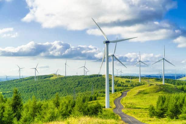 Vallée verdoyante avec plusieurs éoliennes